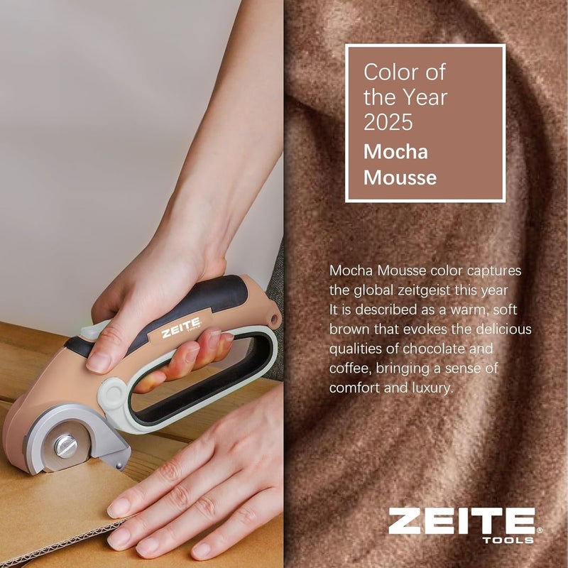 zeite 4V Cordless Electric Scissors Cardboard Cutter with 2 Blades,Storage Case,Rotary Cutter for Box Plastic Carpet Fabric, Easy to Hold and Safe,Mocha - Image 2